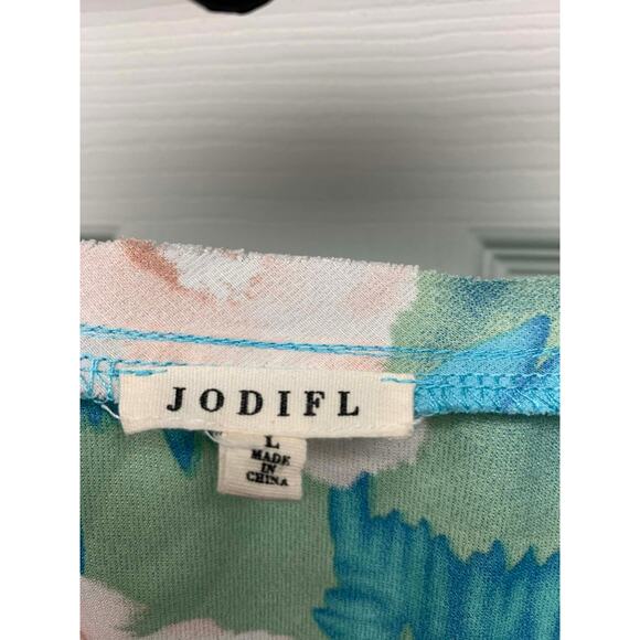 Jodifl Floral Blouse Large Teal Blue V Neck High Low Pocket Lightweight - Picture 3 of 3